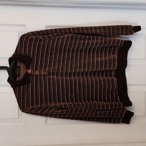 1980s Velour Long Sleeve Polo Shirt Brown w/ Horizontal Stripe / Men's Medium‎